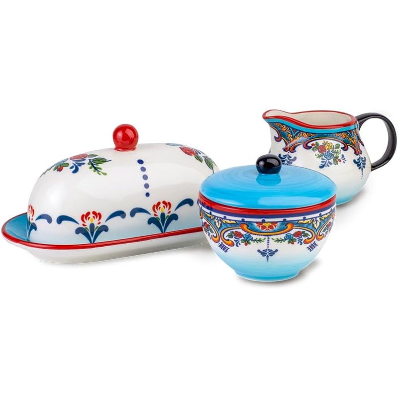 Euro Ceramica Zanzibar Collection 3-Piece Breakfast Accessory Set, Spanish Floral Design | Bigbigmart.com