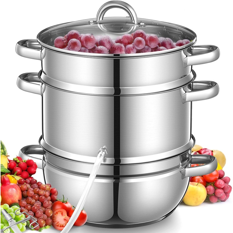 FOHERE 11Qt Steam Juicer Extractor for Canning, Juice Steamer Stainless Steel for Fruit & Vegetables with Glass Lid, Hose, Clamp, Loop Handles, Multipots Cookware for Making Juice, Jelly, Sauces | Bigbigmart.com