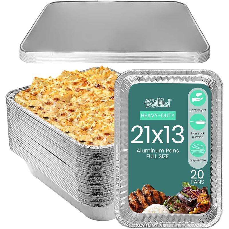 FUNSTITUTION Full Size Large Aluminum Foil Pans (20 Pack) – Full Size Large 21×13 Tin Foil Pans with High Heat Conductivity – Disposable Cookware For Baking, Grilling, Cooking, Storing, Prepping | Bigbigmart.com