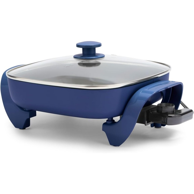 GreenLife 12 5QT Square Electric Skillet, Glass Vented Lid, Ceramic PFAS-Free Nonstick Coated Interior, Adjustable Temperature Control, Cool Touch Handles, Quick Even Heating, Scratch Resistant, Blue | Bigbigmart.com