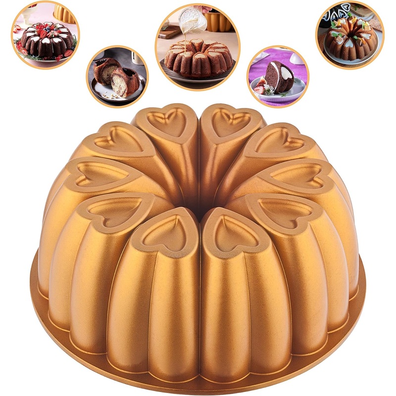 Heart Shape Aluminum Cake Pan, Titanium Coating, Non-Stick, 12 Cups, Heavy Duty, Mothers Day Bundt Cake Pan, 10 Inch Baking Mold, Cast Aluminum Fluted Tube Pan, Easy to Clean (Black) | Bigbigmart.com