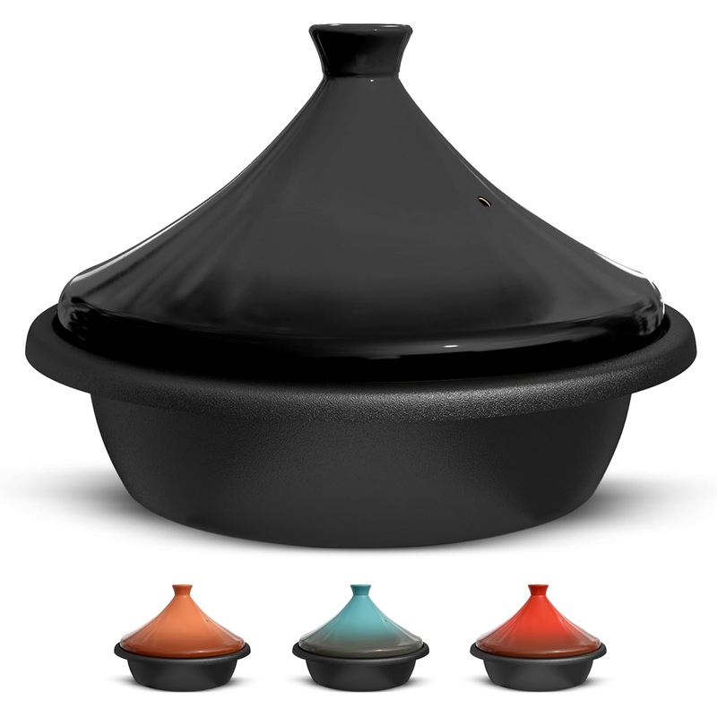 Kook Moroccan Tagine, Enameled Cast Iron Cooking Pot, Tajine with Ceramic Cone-Shaped Closed Lid, 3.3 QT (Ceramic Black) | Bigbigmart.com