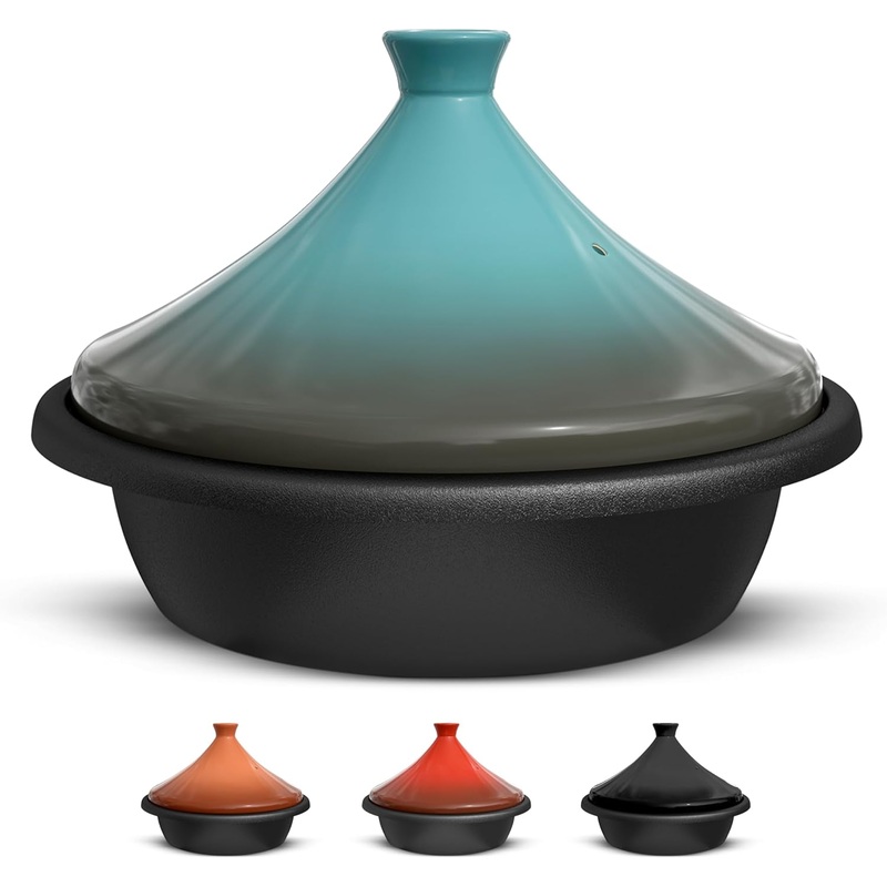 Kook Moroccan Tagine, Enameled Cast Iron Cooking Pot, Tajine with Ceramic Cone-Shaped Closed Lid, 3.3 QT (Stone Blue) | Bigbigmart.com