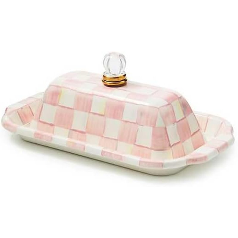 MACKENZIE-CHILDS Enamel Butter Box, Cute Lidded Enamel Butter Dish, Pink-and-White Rosy Check | Bigbigmart.com