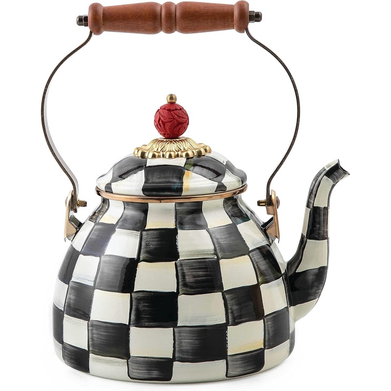 MACKENZIE-CHILDS Enamel Tea Kettle, Stylish Tea Kettle for Stovetop, Black-and-White Courtly Check, 2 Quarts | Bigbigmart.com