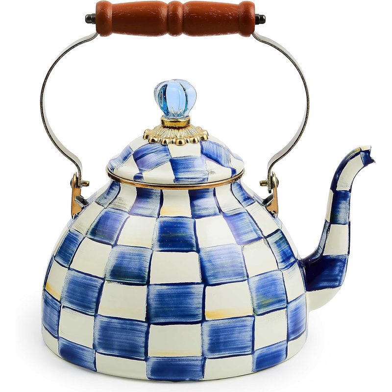 MACKENZIE-CHILDS Enamel Tea Kettle, Stylish Tea Kettle for Stovetop, Blue-and-White Royal Check, 3 Quarts | Bigbigmart.com