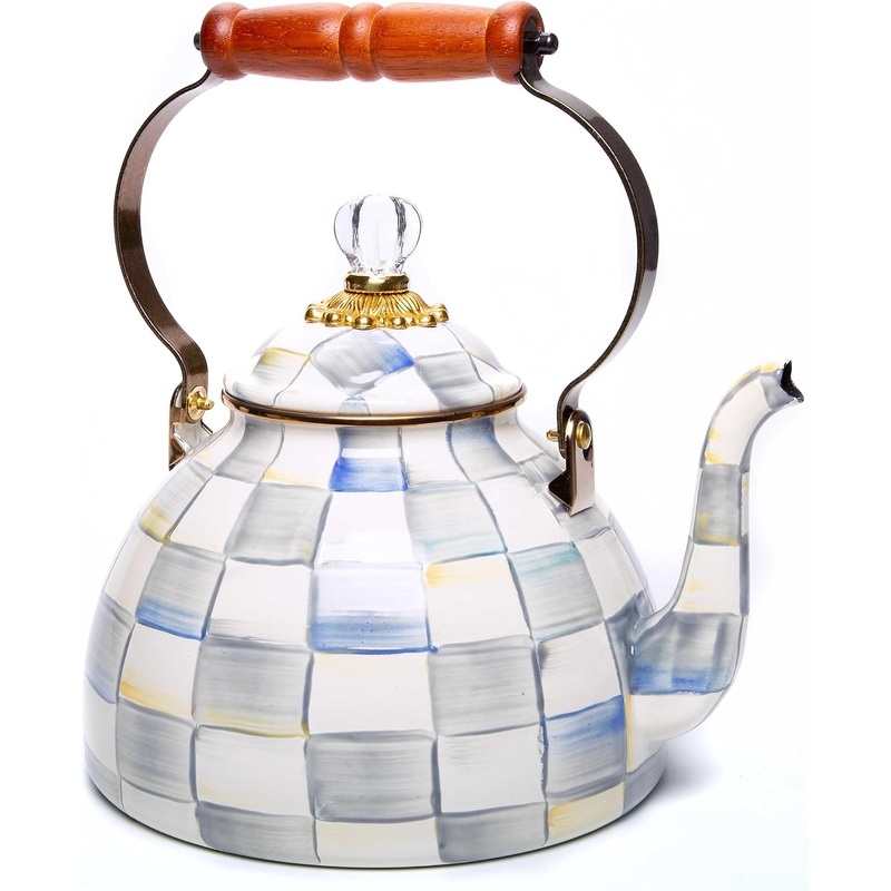 MACKENZIE-CHILDS Enamel Tea Kettle, Stylish Tea Kettle for Stovetop, Grey-and-White Sterling Check, 3 Quarts | Bigbigmart.com