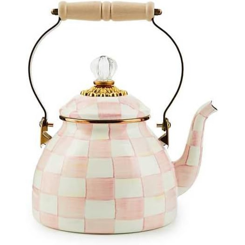 MACKENZIE-CHILDS Enamel Tea Kettle, Stylish Tea Kettle for Stovetop, Pink-and-White Rosy Check, 2 Quarts | Bigbigmart.com