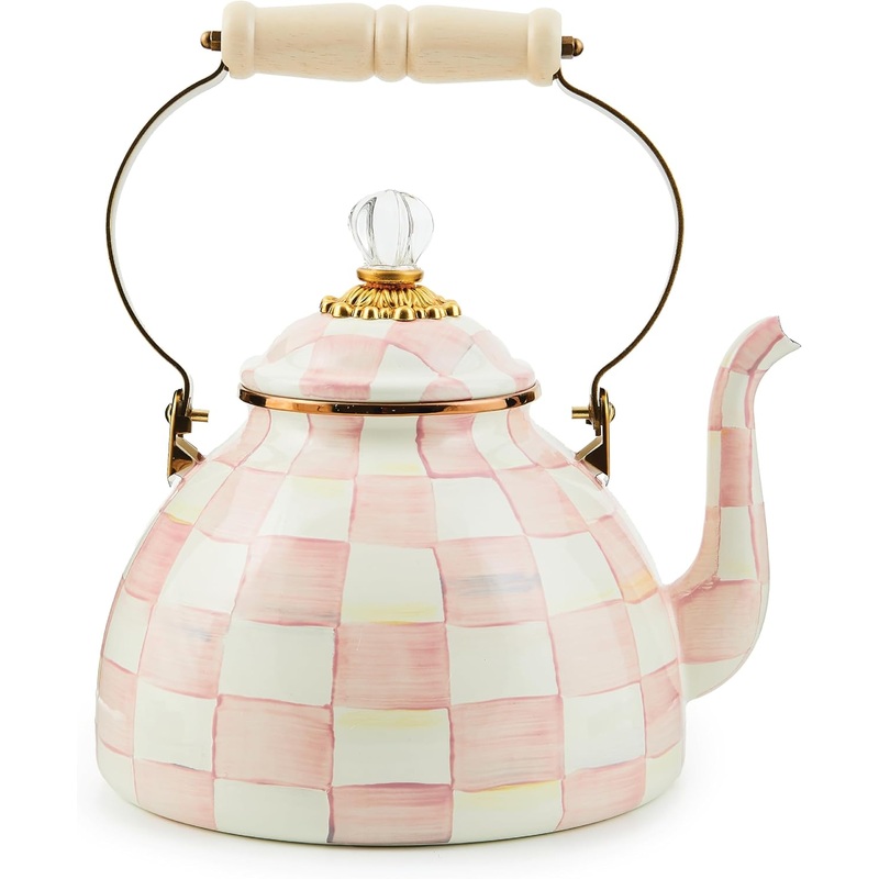 MACKENZIE-CHILDS Enamel Tea Kettle, Stylish Tea Kettle for Stovetop, Pink-and-White Rosy Check, 3 Quarts | Bigbigmart.com
