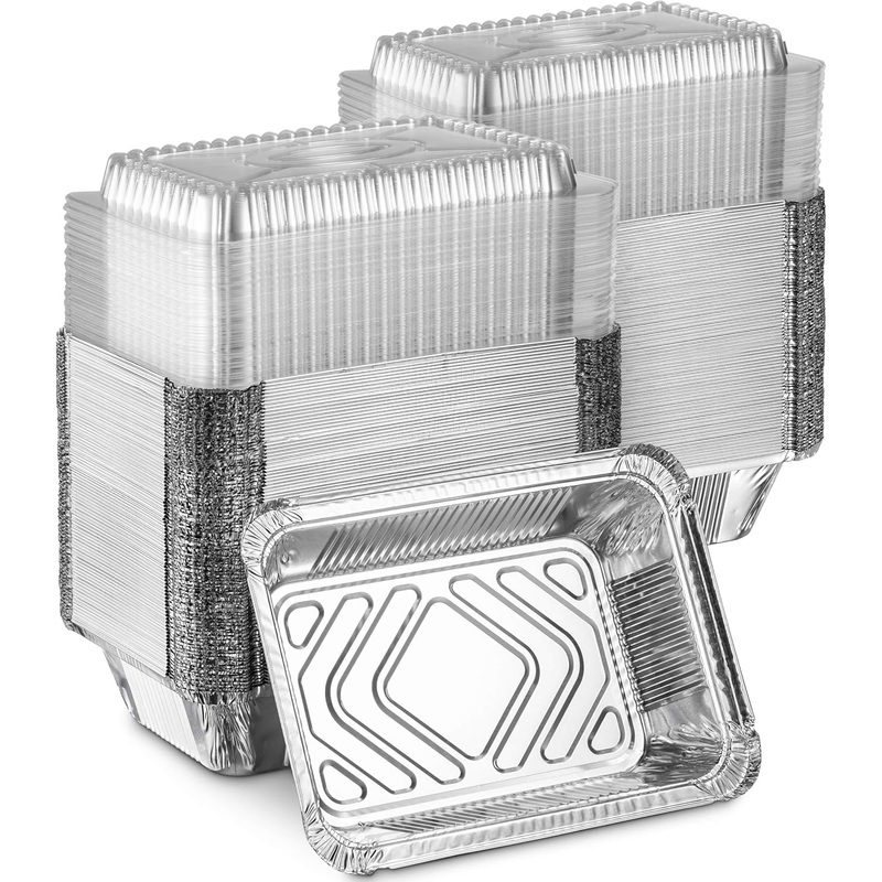 MontoPack Disposable Takeout Pans with Clear Lids | 2lb Capacity Aluminum Foil Food Drip Container with Strong Seal for Freshness & Spill Resistance | Earth, Eco-Friendly & Recyclable 100Pack 8×5.5 | Bigbigmart.com