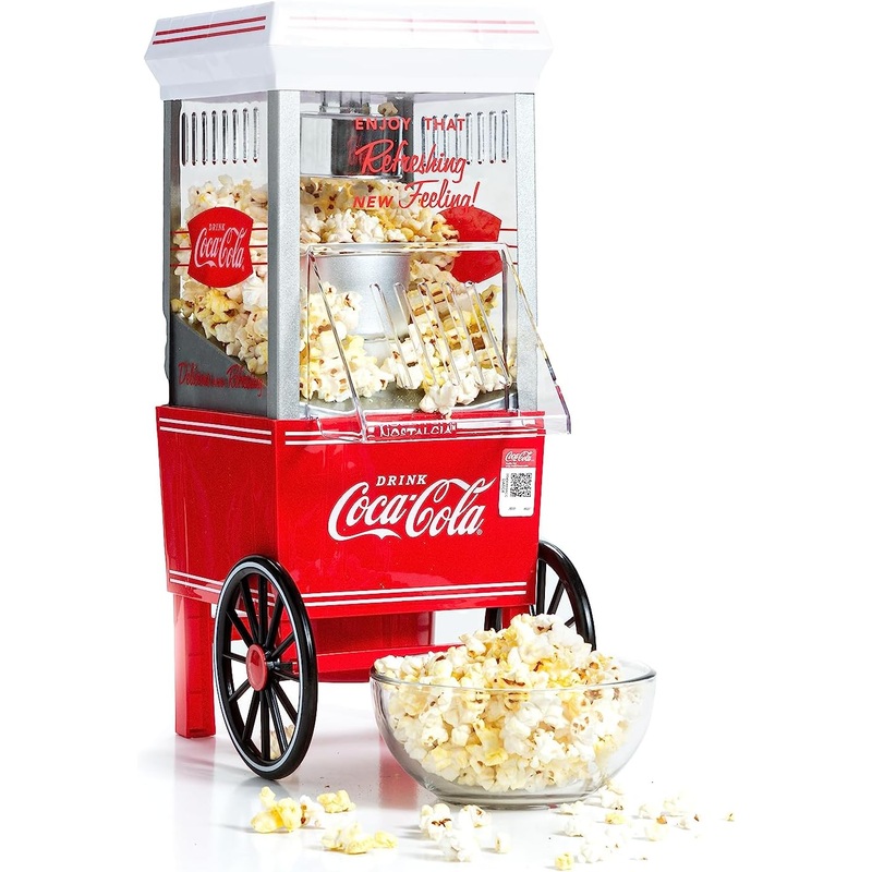 Nostalgia Maker 12 Cups Coca-Cola Hot Air Popcorn Machine with Measuring Cap, Oil Free, Vintage Movie Theater Style, White and Red | Bigbigmart.com