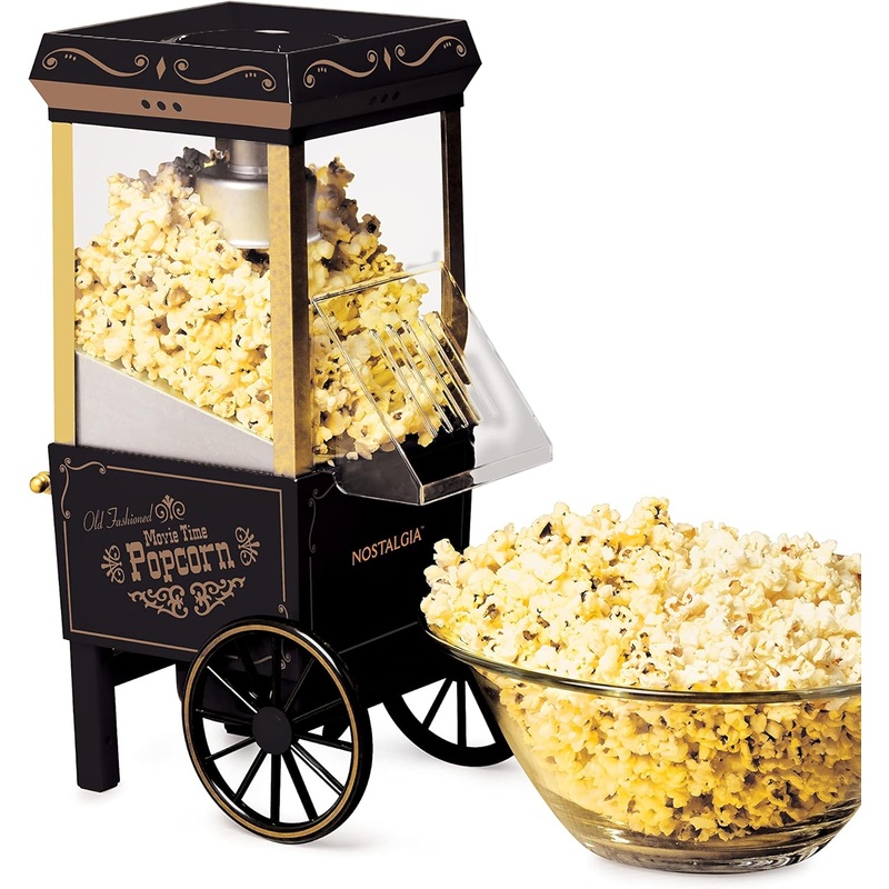Nostalgia Vintage Hot-Air Popcorn Maker Machine – Makes Up to 12 Cups – Oil-Free – Healthier Popcorn – Classic Stand-Up Cart With Wheels – Includes Kernel Measuring Cup – Black | Bigbigmart.com