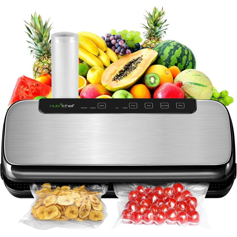 NutriChef Precision Vacuum Sealer Food Preservation System – Starter Kit w/ Extra Bags, Compact Design, Lab Tested, Dry and Moist Food Preserve Modes, LED Indicator Lights, 12, Stainless Steel | Bigbigmart.com