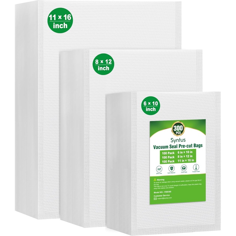 Syntus Vacuum Sealer Bags, 300 Gallon 11 x 16 and Quart 8 x 12 and Pint 6 x 10 Commercial Grade PreCut Bag, BPA Free Food Vac Bags for Storage, Meal Prep or Sous Vide | Bigbigmart.com