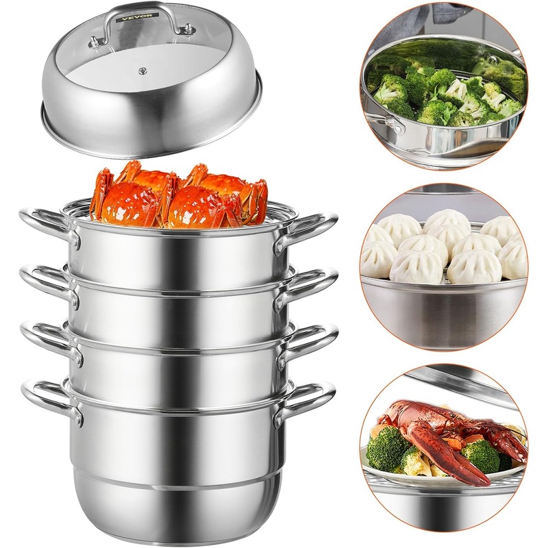 VEVOR Steamer Pot 11.8in/30cm, 5 Tier Steamer Pot for Cooking with 10QT Stock Pot, 3 Vegetable Steamers & 2 Steaming Trays, Food-Grade 304 Stainless Steel Food Steamer Cookware for Gas Electric Stove | Bigbigmart.com