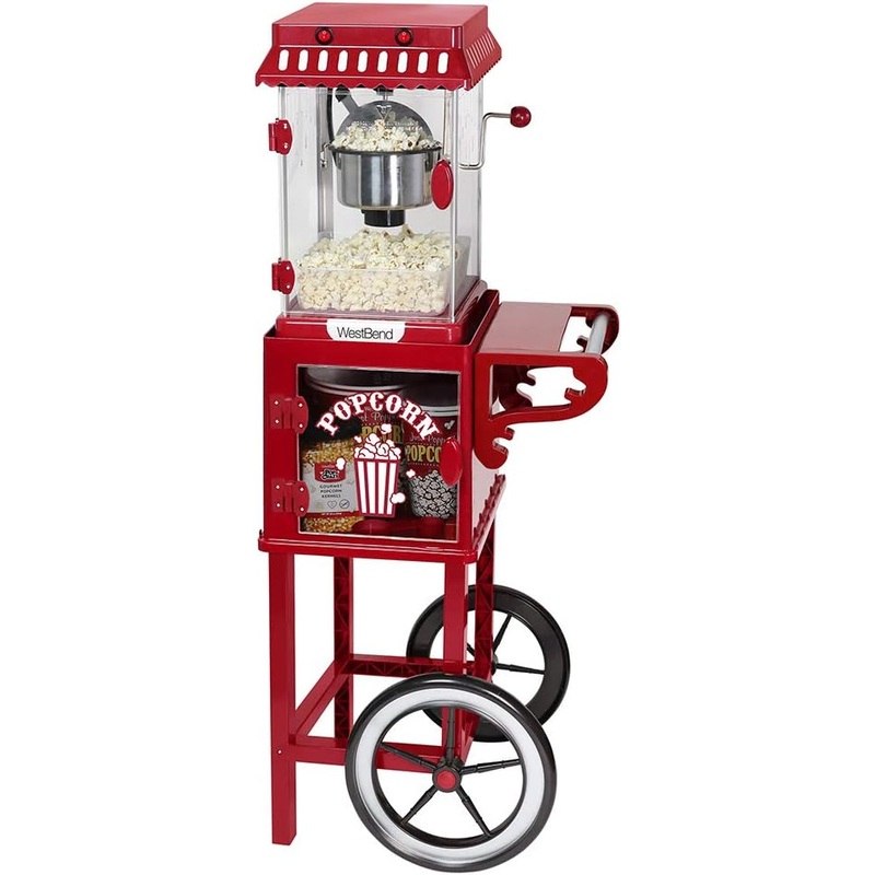 West Bend PCMC20RD13 Wheeled Popcorn Cart with Non-Stick Stainless Steel Popcorn Kettle, Storage Shelf, and Popcorn Scoop for Popcorn Machine, 10 Cup, Red | Bigbigmart.com