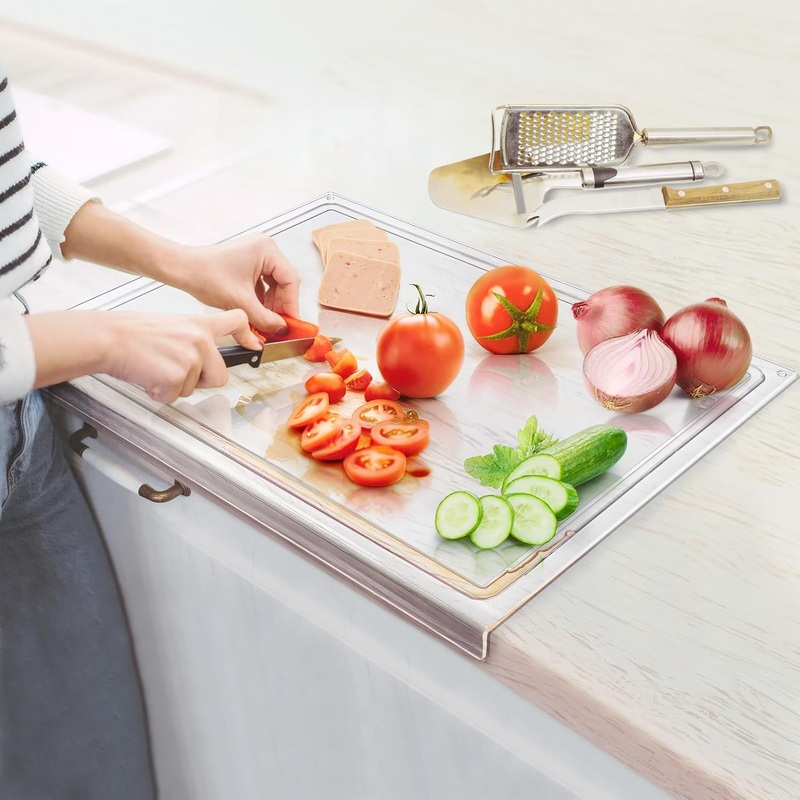 Acrylic Large Cutting Board with Juice Groove, 24×18 Inch Clear Cutting Board with Counter Lip, Non Slip Cutting Mat for Kitchen, Table Protector, Mothers Day Gifts for Mom | Bigbigmart.com