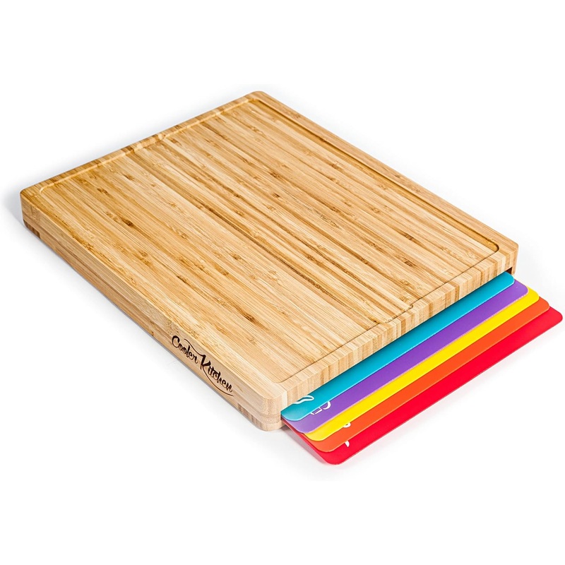Bamboo Cutting Board Set – Easy-to-Clean Wood Cutting Board Set with 6 Color-Coded Flexible Plastic Cutting Boards with Food Icons – Wooden Cutting Boards For Kitchen – Wooden Chopping Board Set | Bigbigmart.com