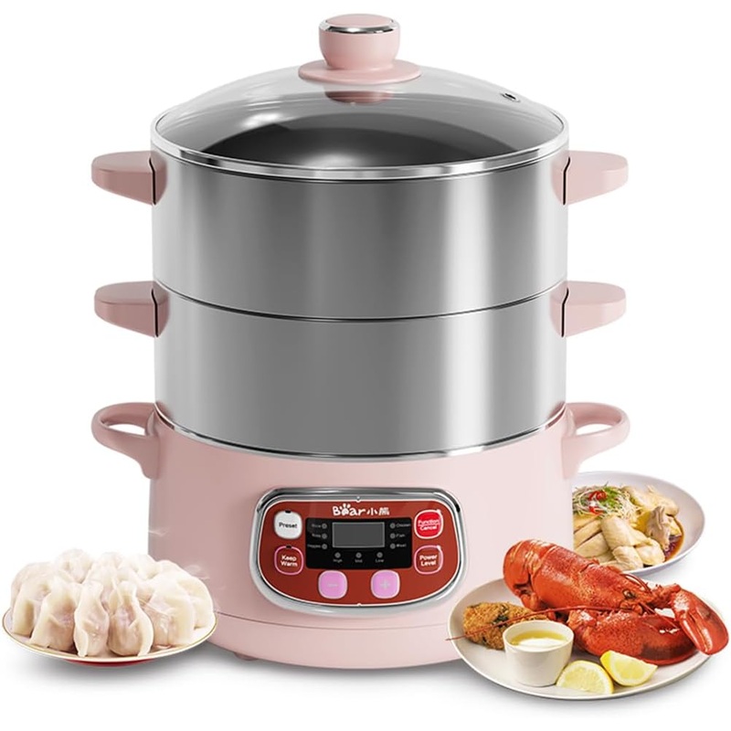 Bear Electric Food Steamer,Stainless Steel Digital Steamer, 3 tier 8L Large Capacity Vegetable Steamer, Auto Shut-off & Anti-dry Protection, DZG-A80A2,1200W | Bigbigmart.com