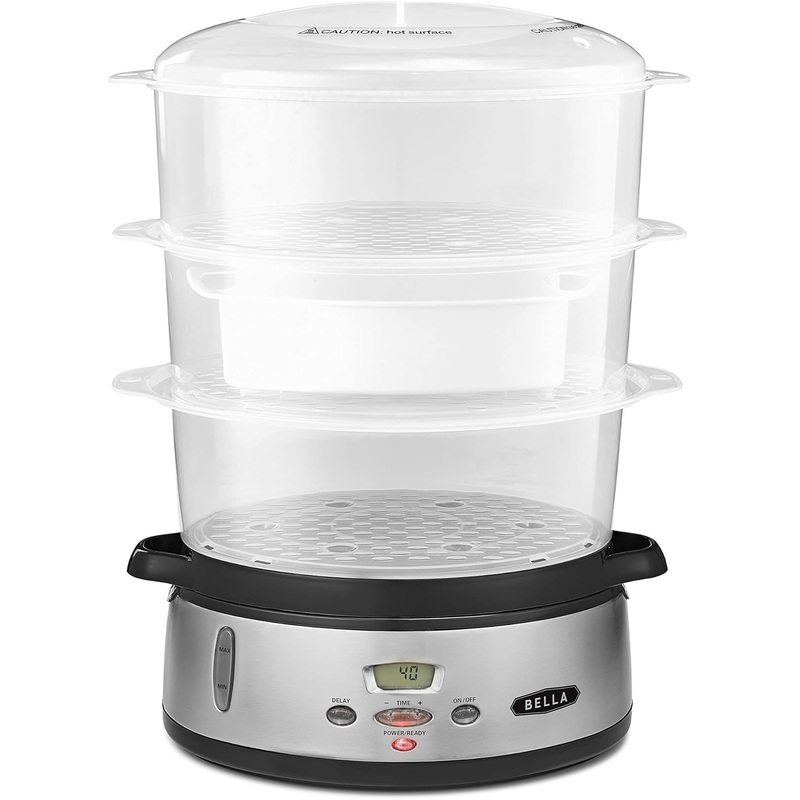 BELLA 9.5 QT Triple Tier Digital Food Steamer, Healthy Fast Simultaneous Cooking, Stackable Baskets for Vegetables or Meats, Rice/Grains Tray, Auto Shutoff & Boil Dry Protection, Stainless Steel | Bigbigmart.com