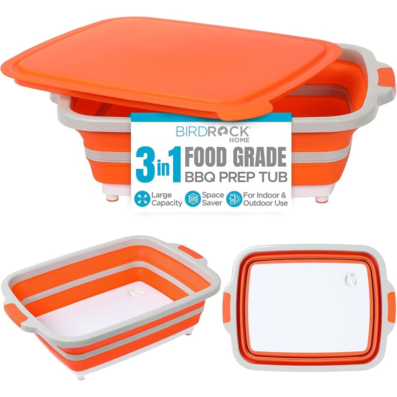 BIRDROCK HOME Collapsible Large BBQ Prep Tub w/Cutting Board, Multi-Function Grill Caddy w/Colander & Lid, Portable Silicone Dish Bowl for Picnic, Tailgate, Camping – Black | Bigbigmart.com