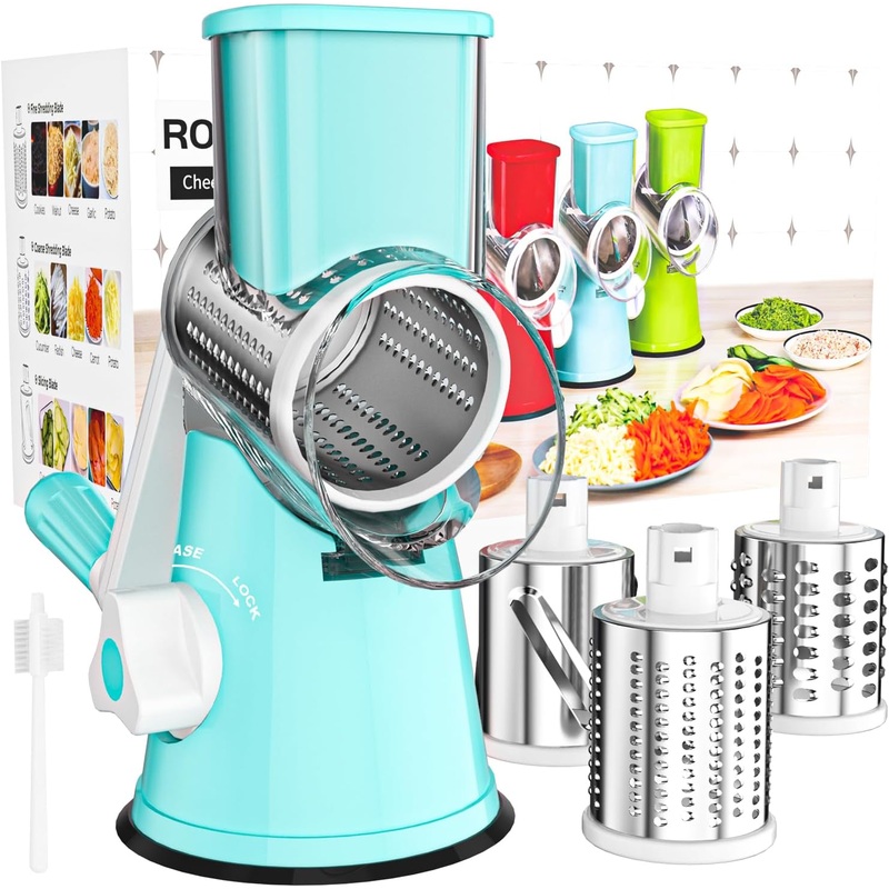 Cambom Rotary Cheese Grater Hand Crank Cheese Shredder for Fresh Cheese, Vegetable, Nuts,Non-slip Suction Base, Free Cleaning Brush Three Blades, Blue | Bigbigmart.com