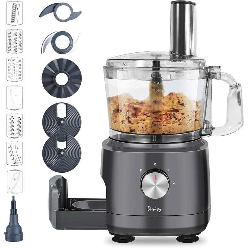 Davivy Food Processor 7 Cup, Built-in Storage Drawer Small Food Processors with 10 set blades,French fry cutting,Wavy slicing for Home Use,3-Speed, Gray,600W | Bigbigmart.com