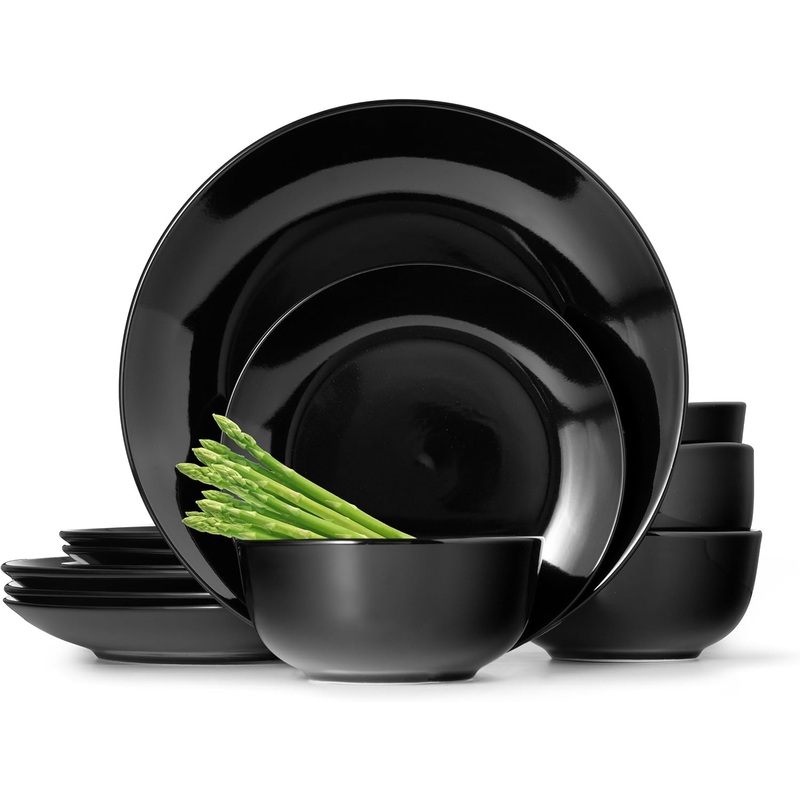 Dinnerware Sets, Fine Porcelain Dinnerware Sets, Plates and Bowls Sets, Dishes, 12-Piece Service for 4, Black | Bigbigmart.com