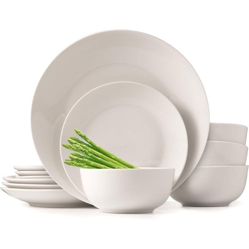 Dinnerware Sets, Fine Porcelain Dinnerware Sets, Plates and Bowls Sets, Dishes, 12-Piece Service for 4, Soft White | Bigbigmart.com