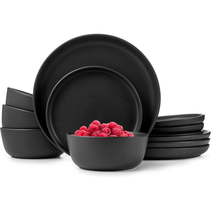Dinnerware Sets, Stoneware Dinnerware Sets, Plates and Bowls Sets, Dishes, 12-Piece Service for 4, Matte BlackDinnerware Sets, Stoneware Dinnerware Sets, Plates and Bowls Sets, Dishes, 12-Piece Service for 4, Matte Black | Bigbigmart.com