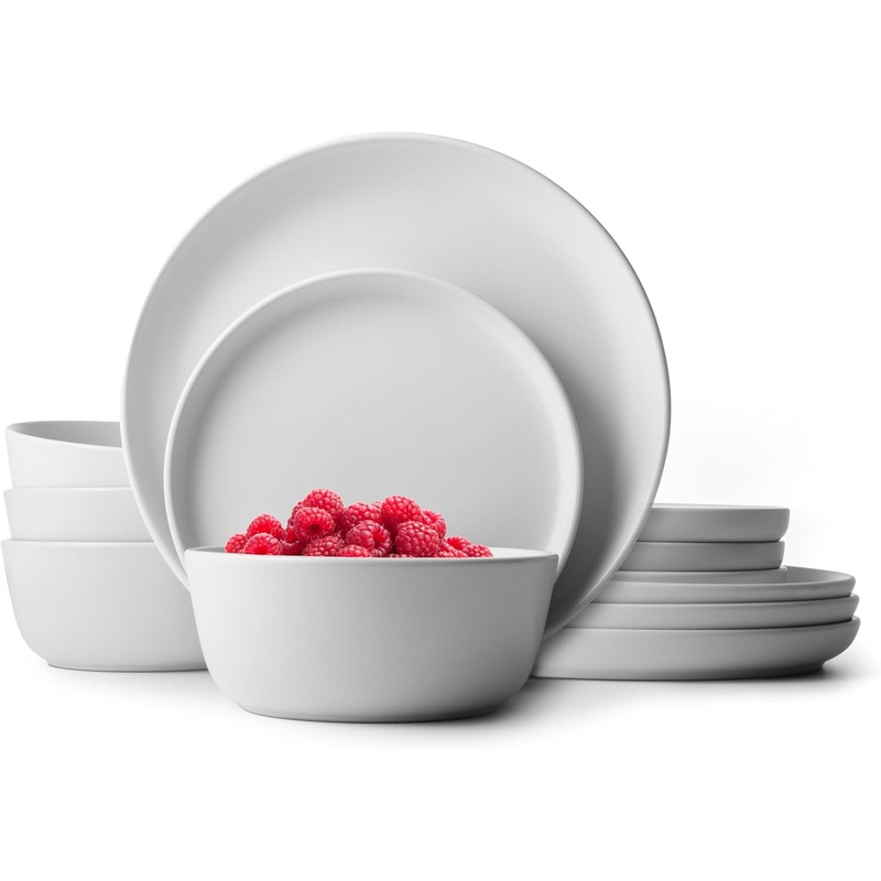 Dinnerware Sets, Stoneware Dinnerware Sets, Plates and Bowls Sets, Dishes, 12-Piece Service for 4, White | Bigbigmart.com