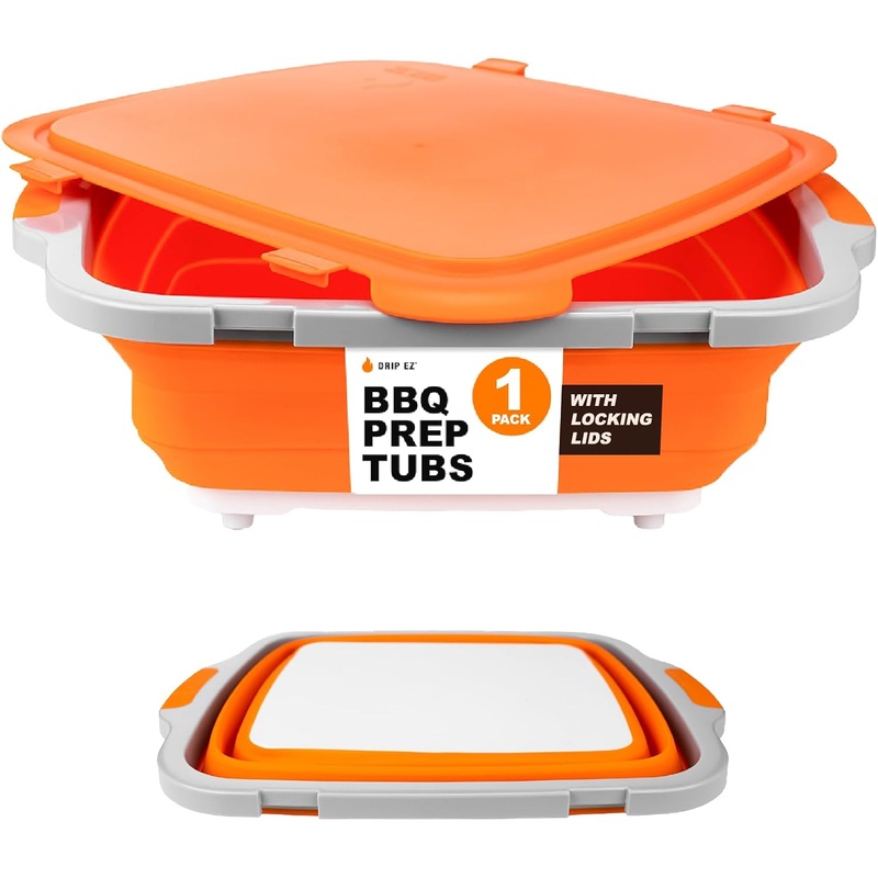 Drip EZ Collapsible BBQ Prep Tub (V2) – For Meal Prep Marinating Food Storage – Includes Cutting Board & Locking Lid – (1) OG – Orange | Bigbigmart.com