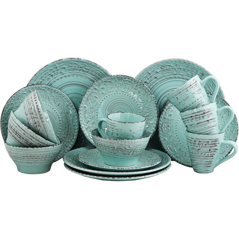 Elama Embossed Stoneware Ocean Dinnerware Dish Set, 16 Piece, Turquoise | Bigbigmart.com