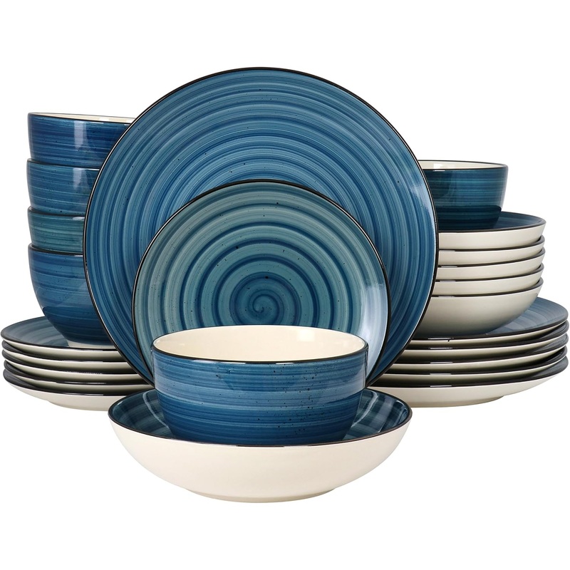 Elama Gia 24 Piece Round Stoneware Dinnerware Set in Dark Blue | Bigbigmart.com