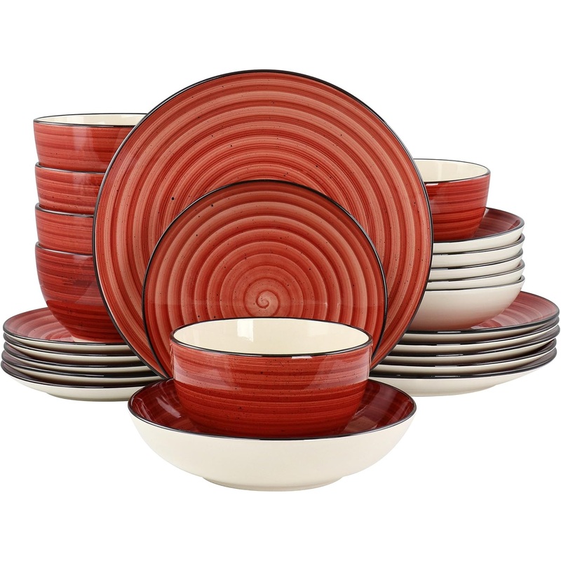 Elama Gia 24 Piece Round Stoneware Dinnerware Set in Red | Bigbigmart.com