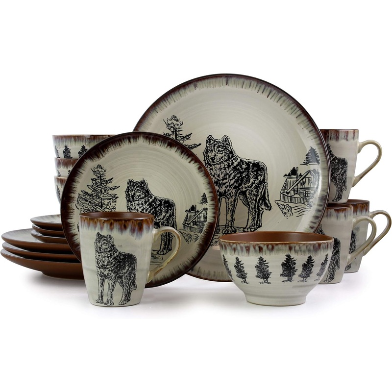 Elama Round Stoneware Cabin Dinnerware Dish Set, 16 Piece, Wolf Design with Warm Taupe and Brown Accents | Bigbigmart.com