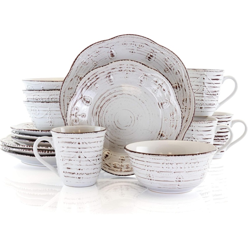 Elama Rustic Birch 16 Piece Embossed Scalloped Stoneware Round Dinnerware Set in White with Brown Accents | Bigbigmart.com