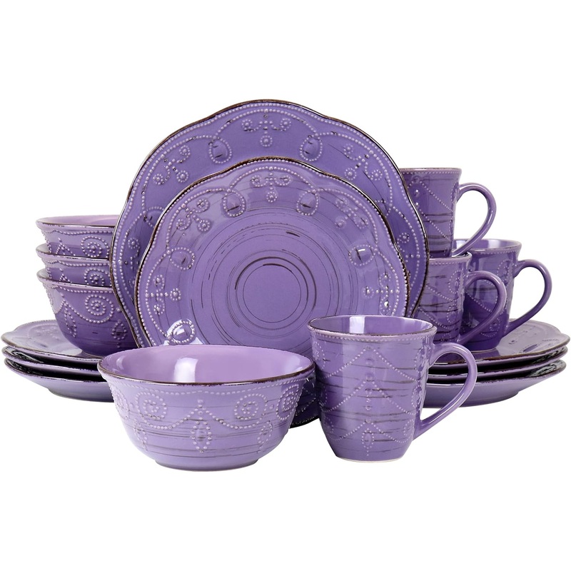 Elama Rustic Birch 16 Piece Stoneware Dinnerware Set in Purple, Purple with Brown Accents, (EL-RUSTICBIRCH) | Bigbigmart.com