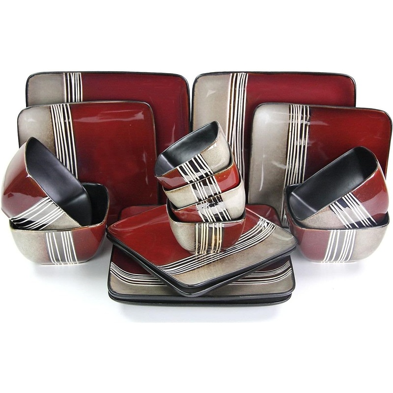 Elama Square Stoneware Loft Collection Dinnerware Dish Set, 16 Piece, Red and Tan with White Accents | Bigbigmart.com