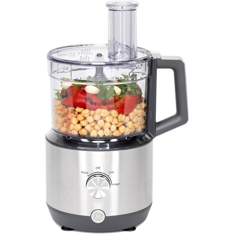 GE Food Processor |12 Cup | Complete with 3 Feeding Tubes & Stainless Steel Accessories-3 Discs + Dough Blade | 3 Speed | for Shredded Cheese, Chicken & More | Kitchen Essentials | 550 Watts | Bigbigmart.com