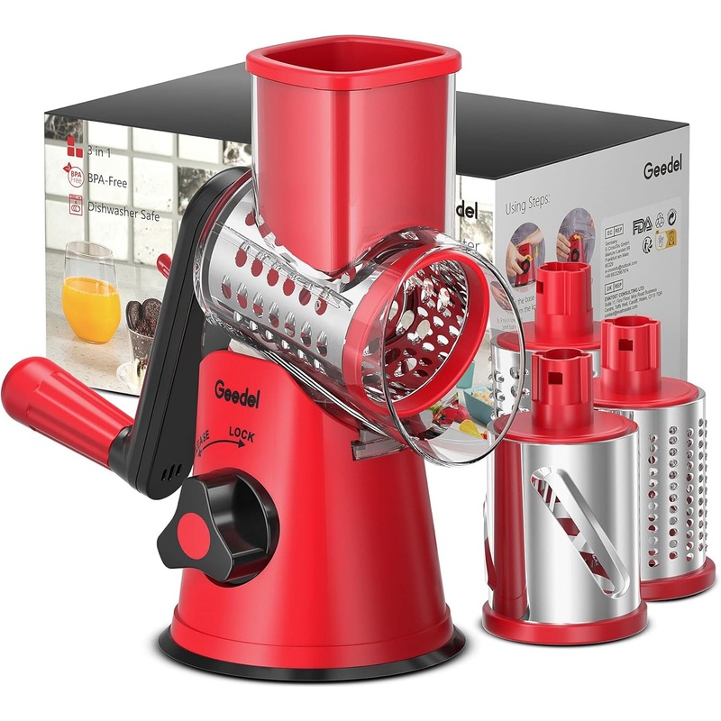 Geedel Rotary Cheese Grater, Kitchen Mandoline Vegetable Slicer with 3 Interchangeable Blades, Easy to Clean Grater for Fruit, Vegetables, Nuts | Bigbigmart.com