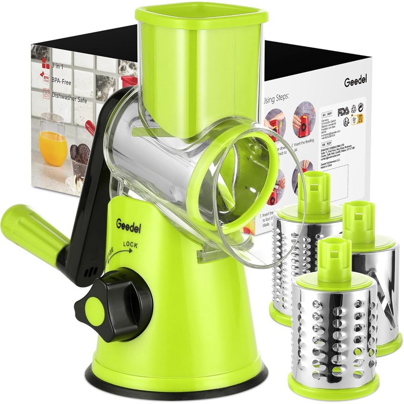 Geedel Rotary Cheese Grater, Kitchen Mandoline Vegetable Slicer with 3 Interchangeable Blades, Easy to Clean Rotary Grater Slicer for Fruit, Vegetables, Nuts, Green Black | Bigbigmart.com