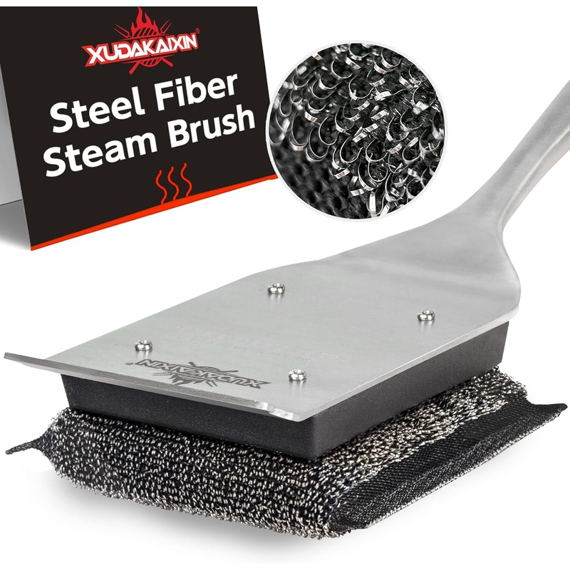 Grill Brush Bristle Free,Unique Steel Fibers Pad [Safe & Efficient] Perfect for Cast Iron/Stainless-Steel Grates – with 1 Replaceable Cleaning Head – Safe Grill Brush for Outdoor Grill | Bigbigmart.com