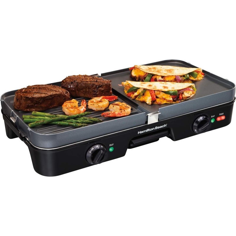 Hamilton Beach 3-in-1 Electric Indoor Grill + Griddle, 8-Serving, Reversible Nonstick Plates, 2 Cooking Zones with Adjustable Temperature (38546), Black | Bigbigmart.com