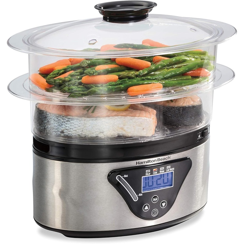 Hamilton Beach Digital Electric Food Steamer & Rice Cooker for Quick, Healthy Cooking for Vegetables and Seafood, Stackable Two-Tier Bowls, 5.5 Quart, Black & Stainless Steel | Bigbigmart.com