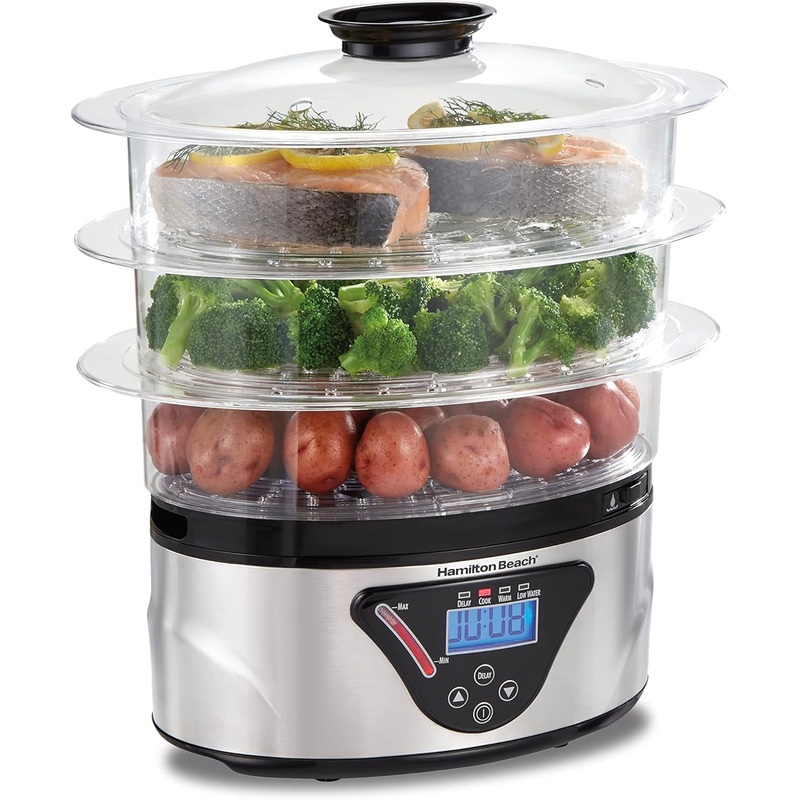 Hamilton Beach Digital Electric Food Steamer & Rice Cooker for Quick, Healthy Cooking with Stackable Three-Tier Bowls for Vegetables and Seafood, 8.25 Quart, Black & Stainless Steel | Bigbigmart.com