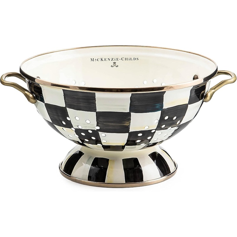 MACKENZIE-CHILDS Enamel Colander, Decorative Kitchen Strainer, Large, Black-and-White Courtly Check | Bigbigmart.com