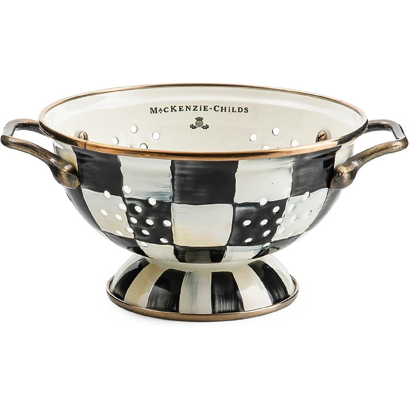MACKENZIE-CHILDS Enamel Colander, Decorative Kitchen Strainer, Small, Black-and-White Courtly Check | Bigbigmart.com