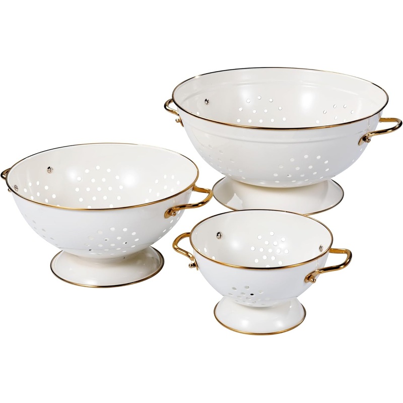 Metal Colander Set of 3, Strainer Basket with Handles perfect for Spaghetti, Pasta, Berry, Vegetable, Fruit, Solid Base Powder Coated Kitchen Essential Strainer Set, 1 & 3.5 & 5 Qt (Cream) | Bigbigmart.com