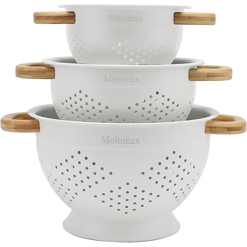 Metal Colander with Wood Handle | Set of 3 with Bamboo Handles | 1.5Q, 3Q, 5Q (Light Icing White) | Bigbigmart.com